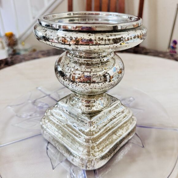 Pottery Barn Antique Mercury Glass Pillar Candle Holder 7"x 4 3/4” Small Mint - Picture 5 of 9
